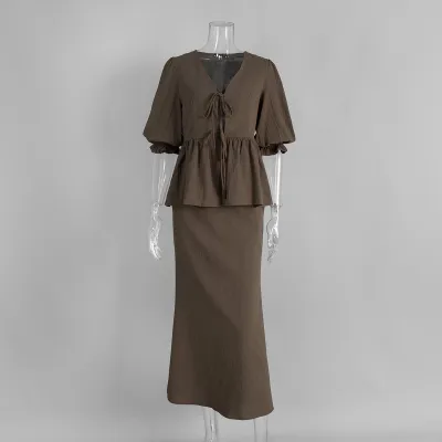 Women Fashion Casual Summer Solid Color V-Neck Short-Sleeve Blouse Loose Maxi Skirt Two-Piece Set