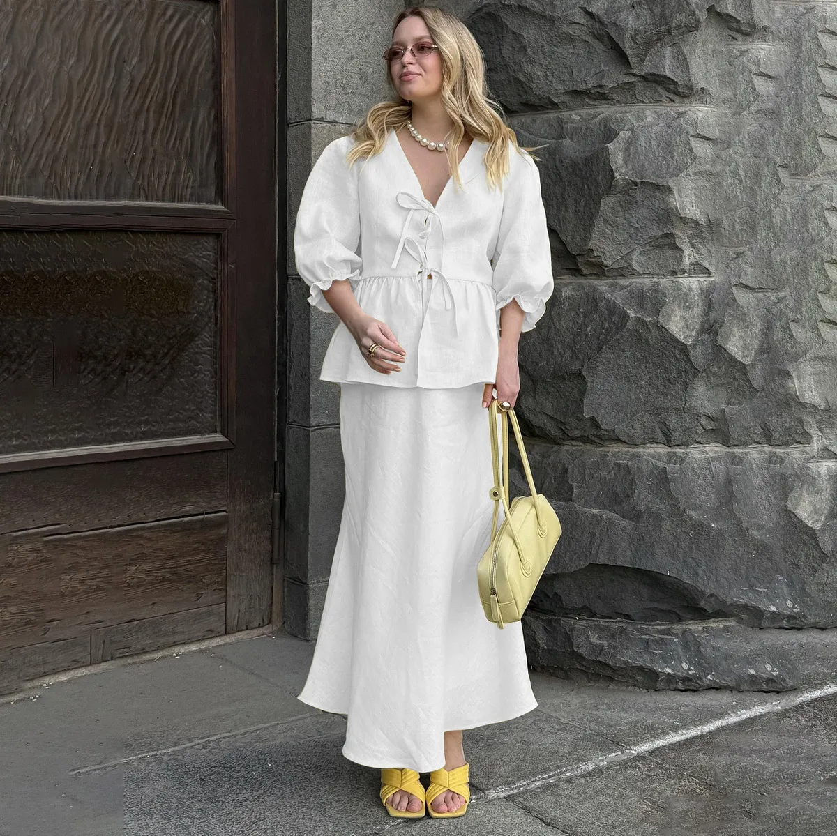 Women Fashion Casual Summer Solid Color V-Neck Short-Sleeve Blouse Loose Maxi Skirt Two-Piece Set