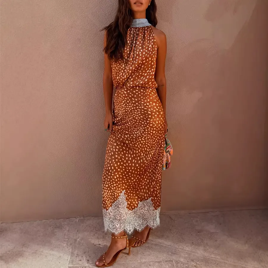 Women Fashion Sexy Summer Printed Lace Stitching Tank Top Loose Maxi Skirt Two-Piece Set