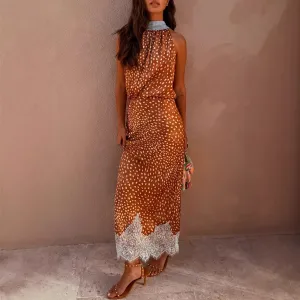 Women Fashion Sexy Summer Printed Lace Stitching Tank Top Loose Maxi Skirt Two-Piece Set
