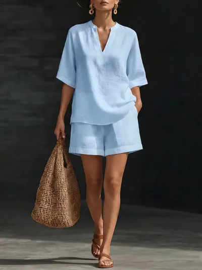 Women Fashion Casual Summer Solid Color V-Neck Short-Sleeve Blouse Loose Shorts Two-Piece Set