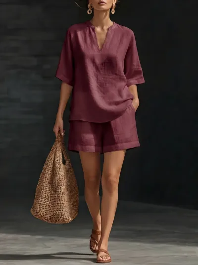 Women Fashion Casual Summer Solid Color V-Neck Short-Sleeve Blouse Loose Shorts Two-Piece Set