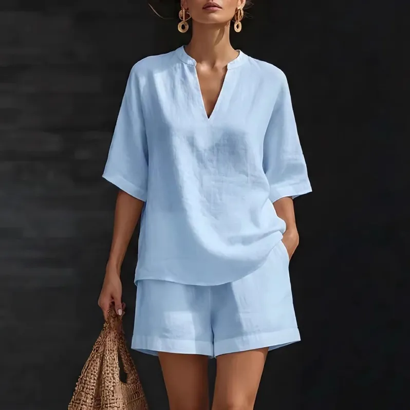 Women Fashion Casual Summer Solid Color V-Neck Short-Sleeve Blouse Loose Shorts Two-Piece Set