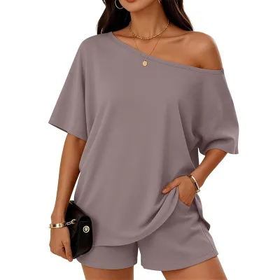 Women Fashion Casual Summer Solid Color Slanted Shoulder Short-Sleeve T-Shirt Loose Shorts Two-Piece Set