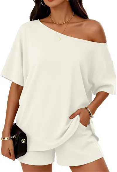 Women Fashion Casual Summer Solid Color Slanted Shoulder Short-Sleeve T-Shirt Loose Shorts Two-Piece Set
