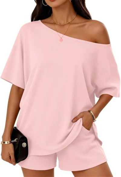 Women Fashion Casual Summer Solid Color Slanted Shoulder Short-Sleeve T-Shirt Loose Shorts Two-Piece Set