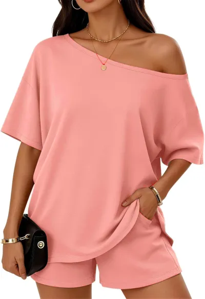 Women Fashion Casual Summer Solid Color Slanted Shoulder Short-Sleeve T-Shirt Loose Shorts Two-Piece Set