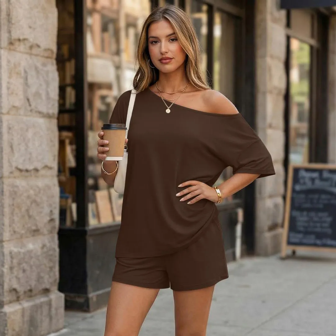 Women Fashion Casual Summer Solid Color Slanted Shoulder Short-Sleeve T-Shirt Loose Shorts Two-Piece Set