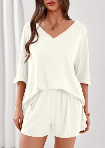 Women Fashion Casual Summer Solid Color V-Neck Half-Sleeve T-Shirt Loose Shorts Two-Piece Set