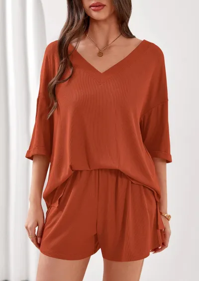 Women Fashion Casual Summer Solid Color V-Neck Half-Sleeve T-Shirt Loose Shorts Two-Piece Set