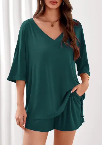 Women Fashion Casual Summer Solid Color V-Neck Half-Sleeve T-Shirt Loose Shorts Two-Piece Set