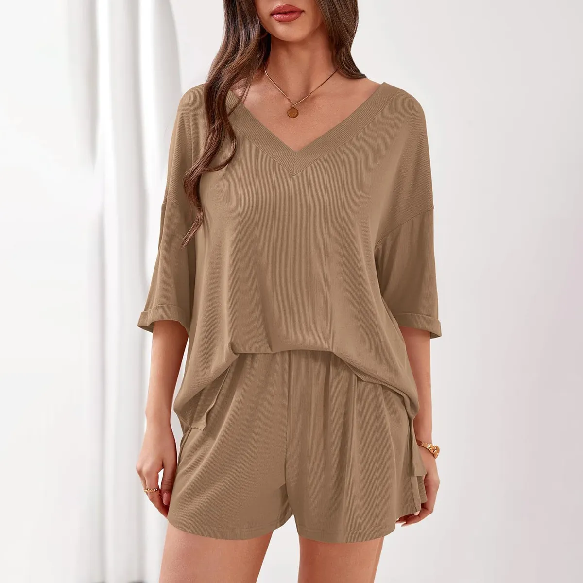 Women Fashion Casual Summer Solid Color V-Neck Half-Sleeve T-Shirt Loose Shorts Two-Piece Set