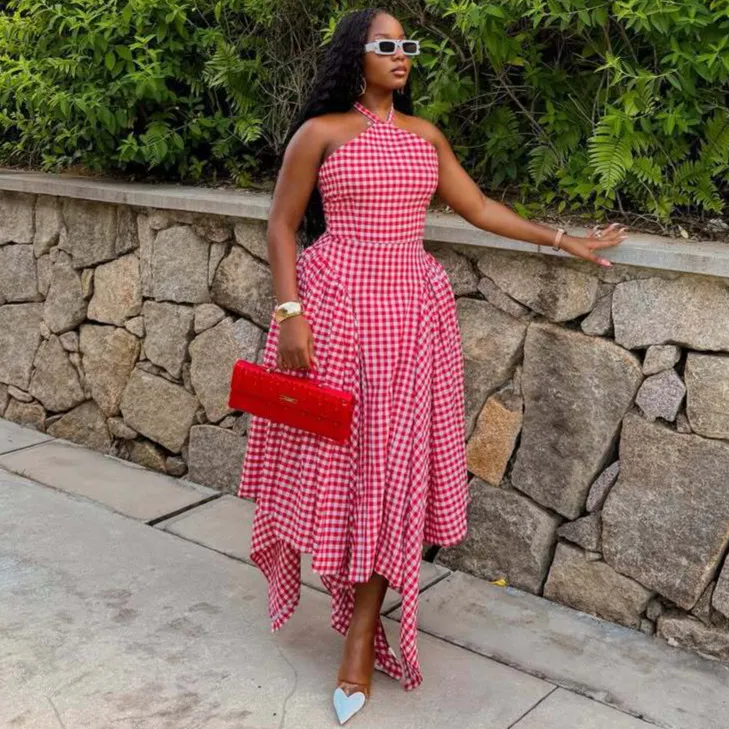African Women Fashion Hanging Neck Plaid Printed Irregular Hem Dress