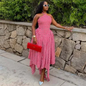 African Women Fashion Hanging Neck Plaid Printed Irregular Hem Dress