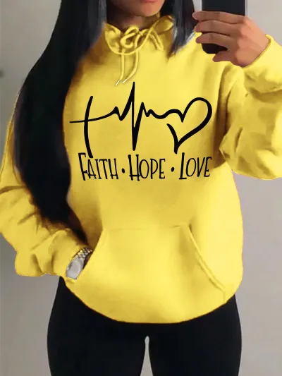 Women Fashion Casual Love Letter Printed Loose Long-Sleeve Hoodies