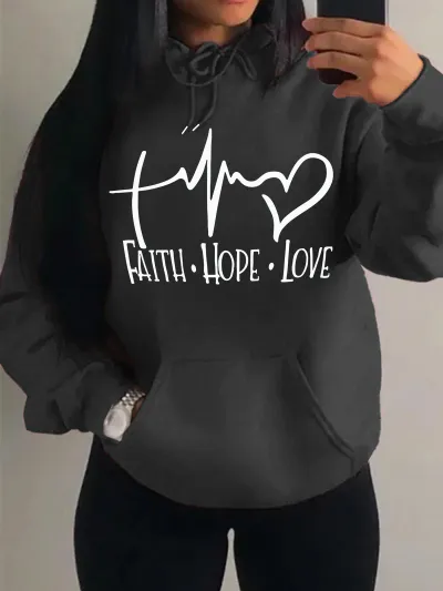 Women Fashion Casual Love Letter Printed Loose Long-Sleeve Hoodies