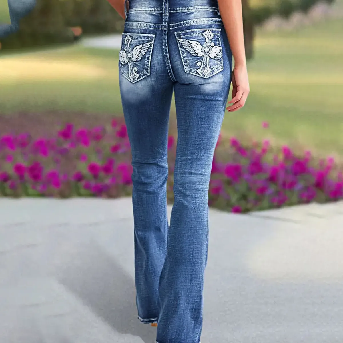 Women Fashion Casual Stretch Embroidery Buckle Jeans