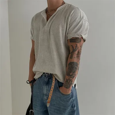 Men's Fashion Casual Summer Solid Color Waffled Short-Sleeve Breathable T-Shirt