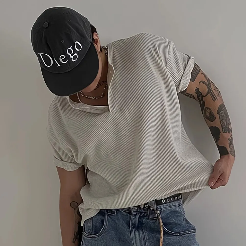 Men's Fashion Casual Summer Solid Color Waffled Short-Sleeve Breathable T-Shirt