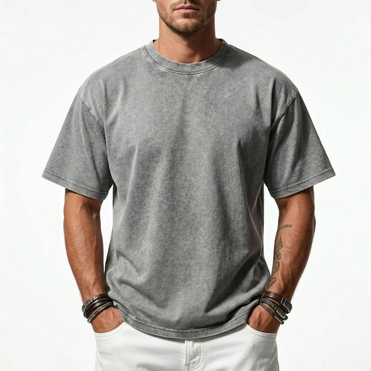 Men Fashion Washed Old Short Sleeve Loose Cotton T-Shirt
