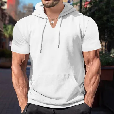 Men's Fashion Casual Summer Solid Color Short-Sleeve Hoodie T-Shirt with Pocket
