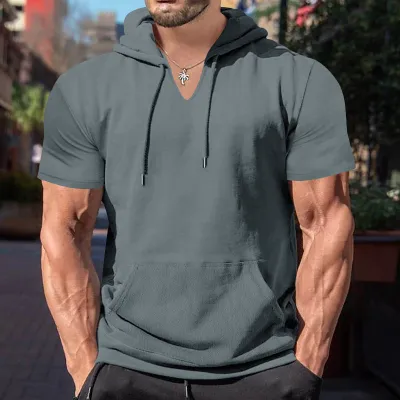 Men's Fashion Casual Summer Solid Color Short-Sleeve Hoodie T-Shirt with Pocket