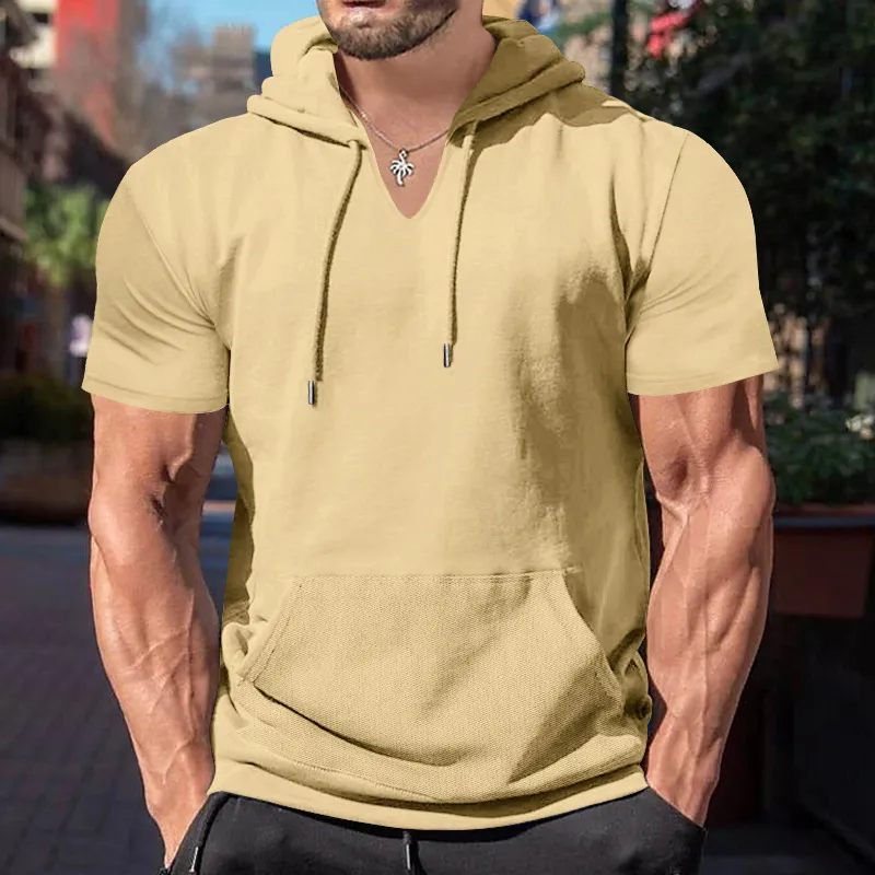 Men's Fashion Casual Summer Solid Color Short-Sleeve Hoodie T-Shirt with Pocket