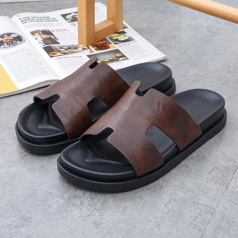 Men's Fashion Casual Solid Color Anti-Slip Wear-Resistant PU Slip-On Slippers