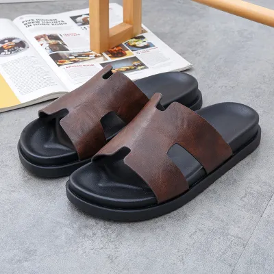 Men's Fashion Casual Solid Color Anti-Slip Wear-Resistant PU Slip-On Slippers