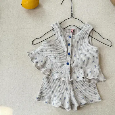Kids Girls Fashion Casual Summer Flower Printed Sleeveless Vest Loose Shorts Two-Piece Set