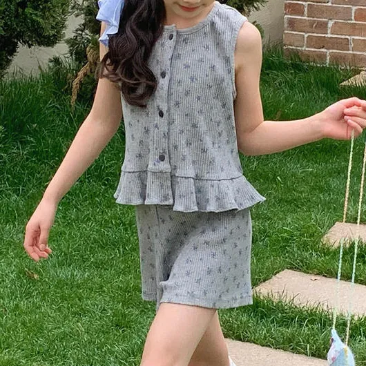 Kids Girls Fashion Casual Summer Flower Printed Sleeveless Vest Loose Shorts Two-Piece Set