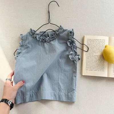 Kids Girls Fashion Casual Summer Solid Color Sleeveless Curled Edge Cotton Shirt