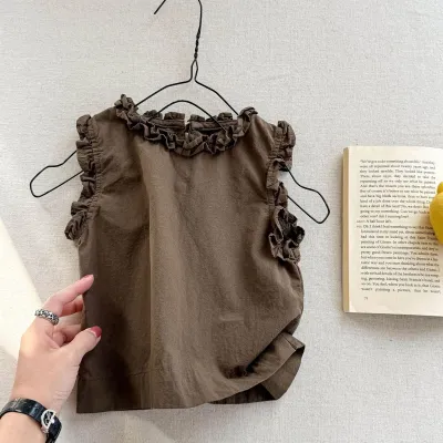 Kids Girls Fashion Casual Summer Solid Color Sleeveless Curled Edge Cotton Shirt