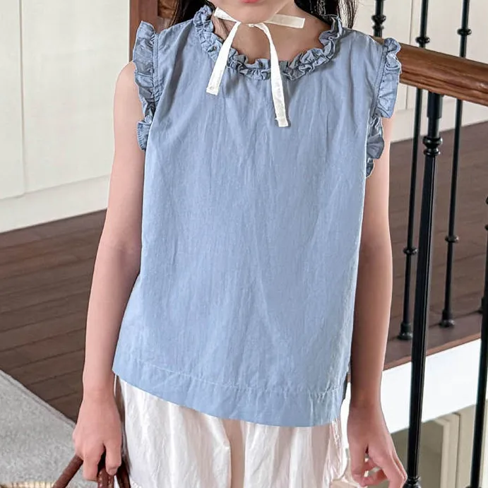 Kids Girls Fashion Casual Summer Solid Color Sleeveless Curled Edge Cotton Shirt