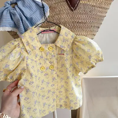 Kids Girls Fashion Elegant Flower Printed Bubble Sleeve Shirt