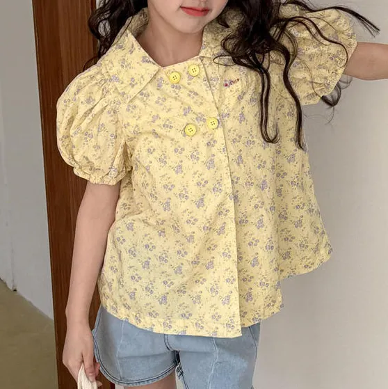 Kids Girls Fashion Elegant Flower Printed Bubble Sleeve Shirt