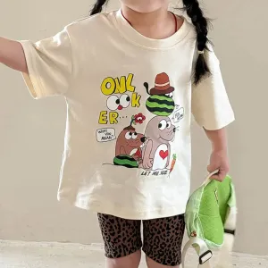 Kids Girls Fashion Casual Summer Printed Short Sleeve Cotton T-Shirt 3-14T