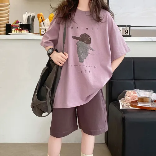 Kids Girls' Casual Summer Cotton Short Sleeve T-Shirt and Shorts Two-Piece Set with Cartoon Alphabet Print