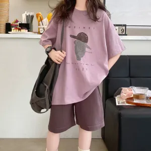 Kids Girls' Casual Summer Cotton Short Sleeve T-Shirt and Shorts Two-Piece Set with Cartoon Alphabet Print