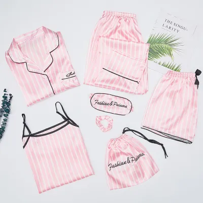 Fashion Casual Parent-Child Simulated Silk Long Sleeve Cardigan Pajamas Pants Seven-Pieces Set