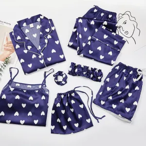 Fashion Casual Parent-Child Simulated Silk Long Sleeve Cardigan Pajamas Pants Seven-Pieces Set