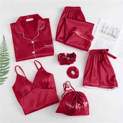 Fashion Casual Parent-Child Simulated Silk Long Sleeve Cardigan Pajamas Pants Seven-Pieces Set