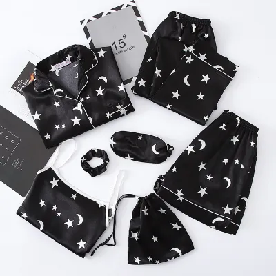 Fashion Casual Parent-Child Simulated Silk Long Sleeve Cardigan Pajamas Pants Seven-Pieces Set