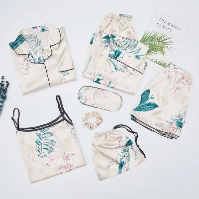 Fashion Casual Parent-Child Simulated Silk Long Sleeve Cardigan Pajamas Pants Seven-Pieces Set