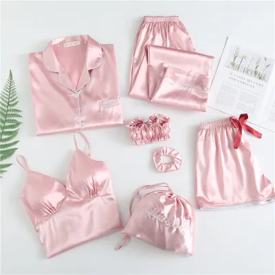 Fashion Casual Parent-Child Simulated Silk Long Sleeve Cardigan Pajamas Pants Seven-Pieces Set