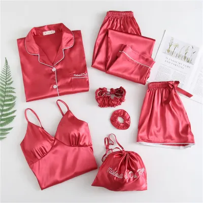 Fashion Casual Parent-Child Simulated Silk Long Sleeve Cardigan Pajamas Pants Seven-Pieces Set