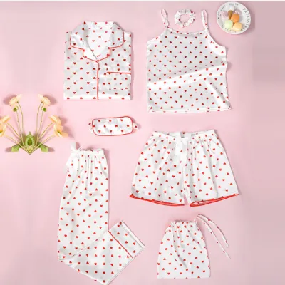 Fashion Casual Parent-Child Silk Printed Long Sleeve Cardigan Pants Pajamas Seven-Piece Family Matching Set