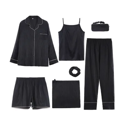 Fashion Ice Silk Printed Parent-Child Pajamas Seven-Piece Set for Family