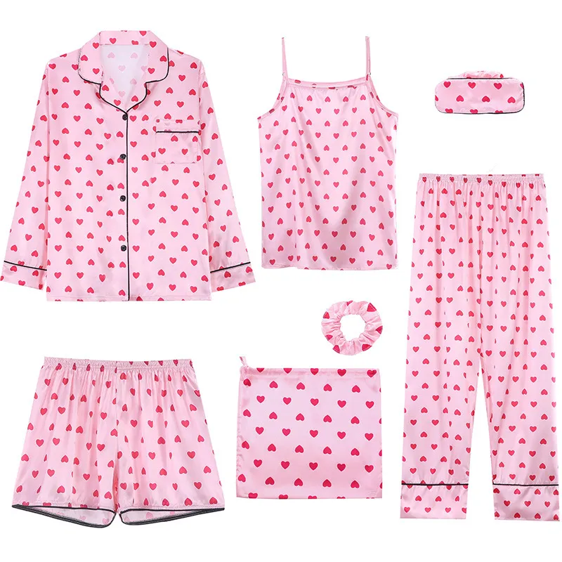 Fashion Ice Silk Printed Parent-Child Pajamas Seven-Piece Set for Family