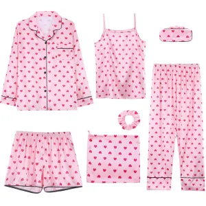 Fashion Ice Silk Printed Parent-Child Pajamas Seven-Piece Set for Family